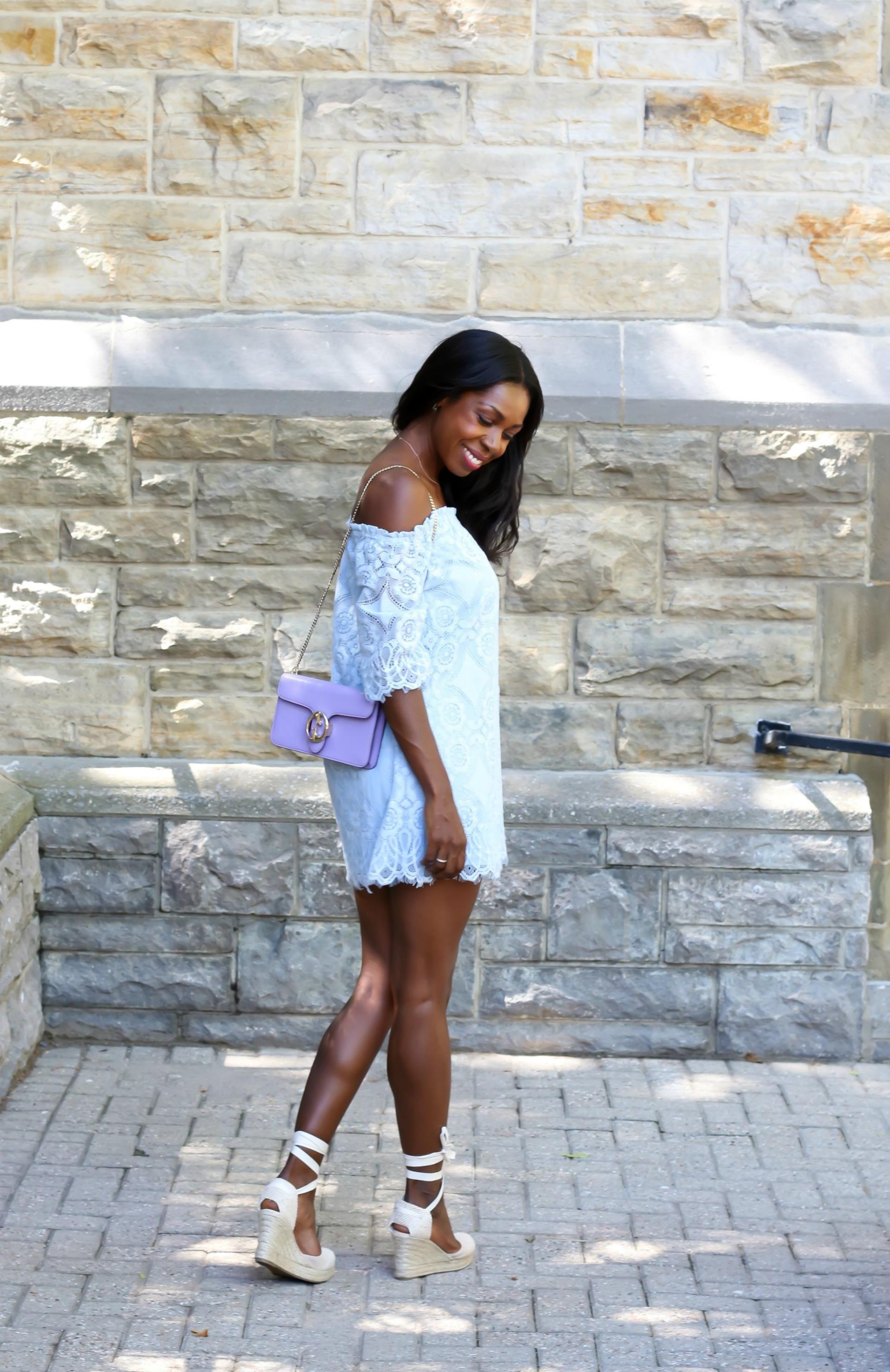Having a blue lace moment in the most perfect blue lace off-the-shoulder dress